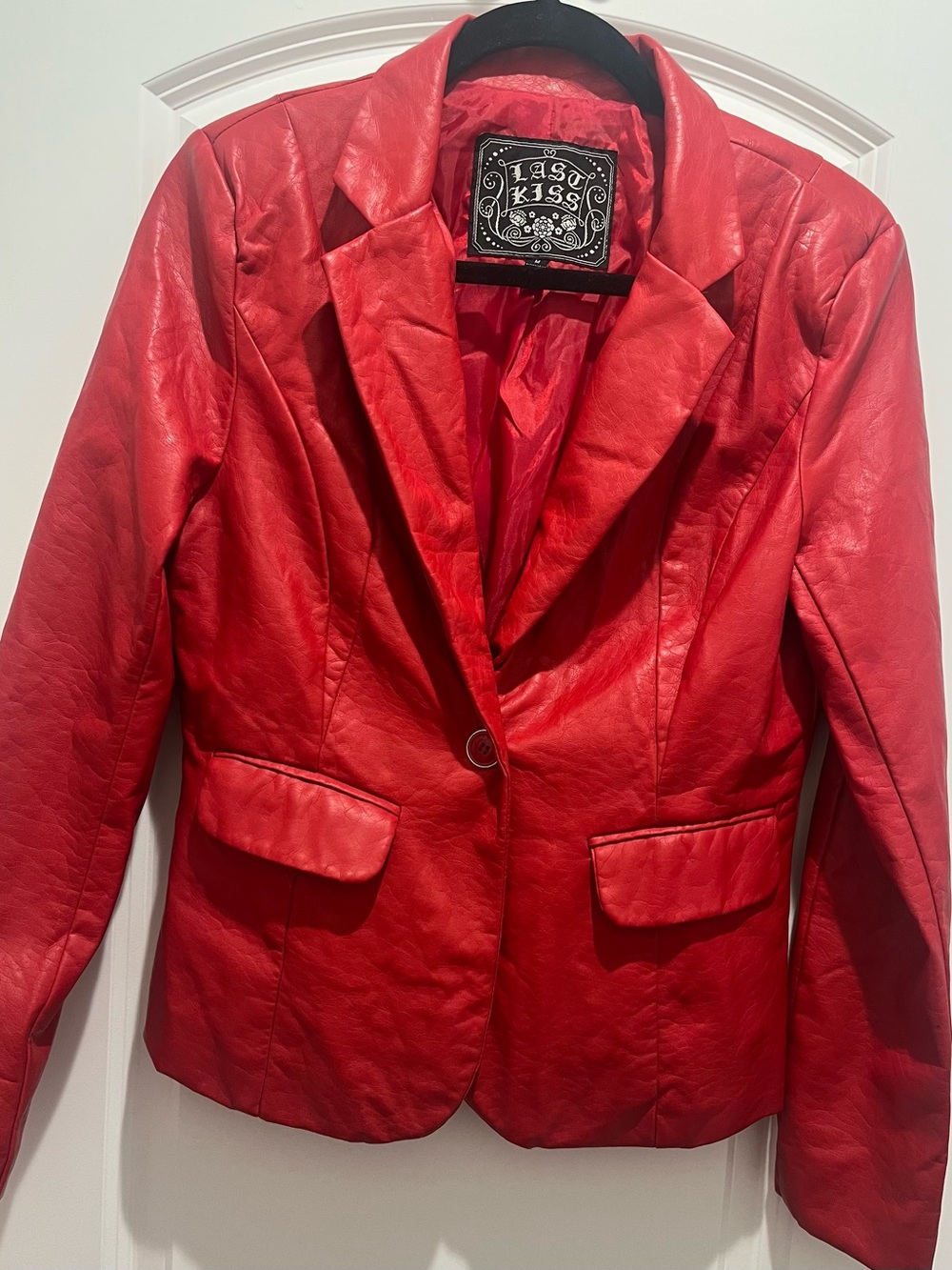 Red Faux Leather Single-Button Blazer By Last Kiss